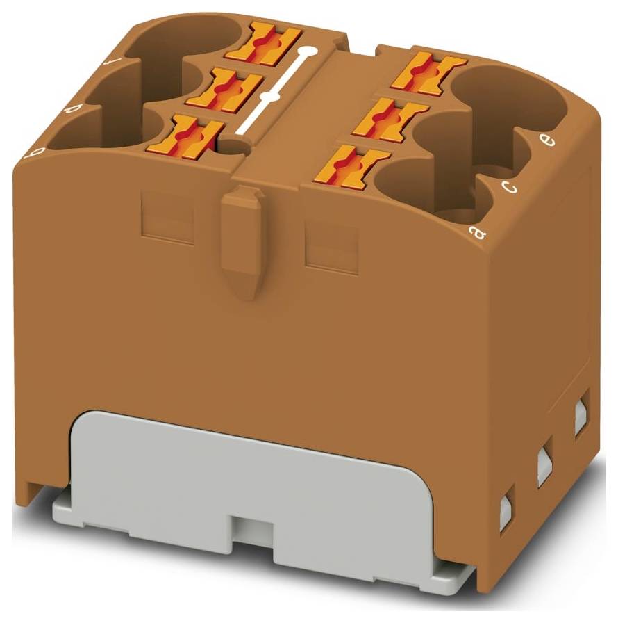 Ein lila und grauer Klemmblock mit sechs Anschlüssen und orangefarbenen Druckverbindungen, der zum Organisieren und Verbinden von Elektrokabeln verwendet wird.