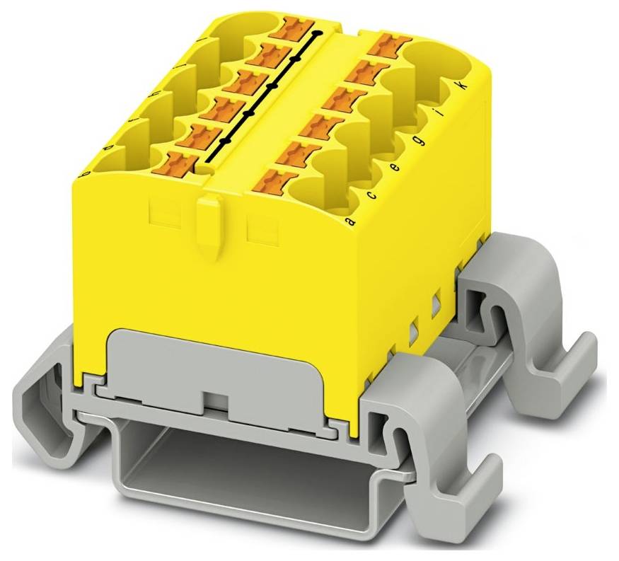 Ein gelber Elektrosteckverbinder mit grauen Befestigungsclips, versehen mit mehreren kleinen orangefarbenen Hebelterminals, die mit Buchstaben gekennzeichnet sind.