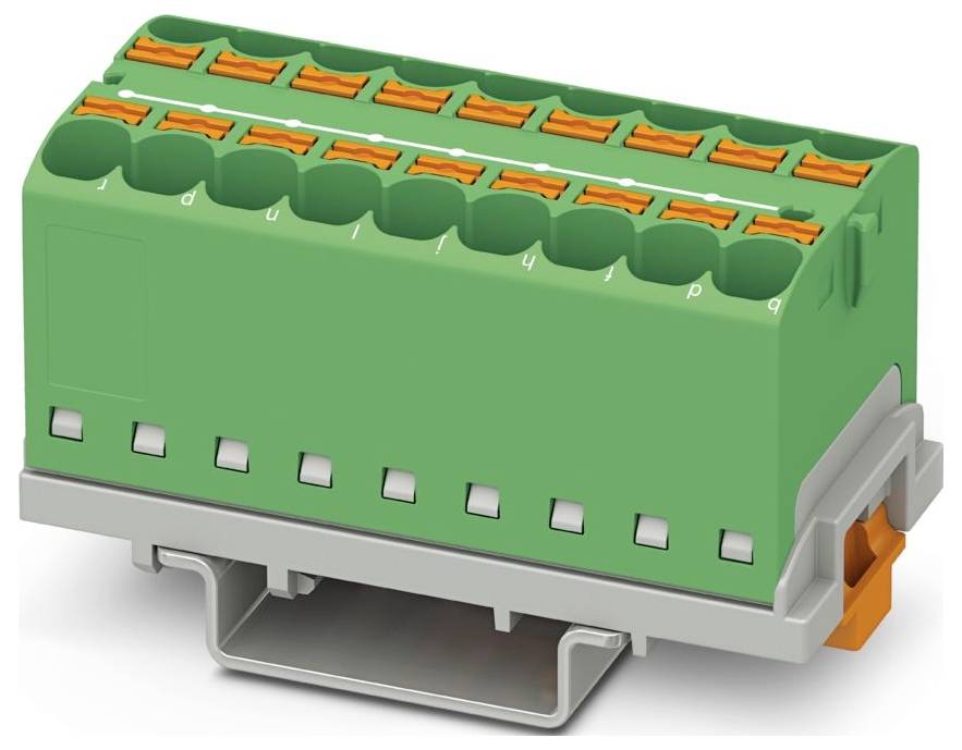 Ein grünes Elektrikerklemmenboard mit mehreren orangefarbenen Anschlüssen, montiert auf einer grauen Basis, verwendet zum Sichern von elektrischen Drähten.