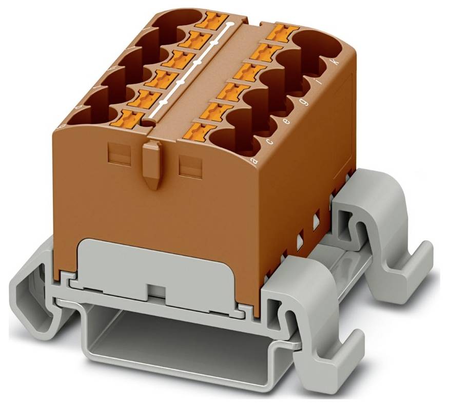 Ein braunes Anschlussblöckchen mit mehreren Anschlüssen und orangefarbenen Hebeln oben, montiert auf einer grauen Basis, wahrscheinlich für elektrische Verbindungen verwendet.