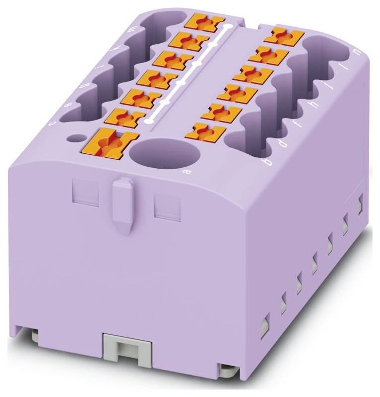 Ein violetter elektrischer Klemmblock mit mehreren orangefarbenen Anschlüssen, konstruiert für die Drahtverwaltung und sichere elektrische Verbindungen.