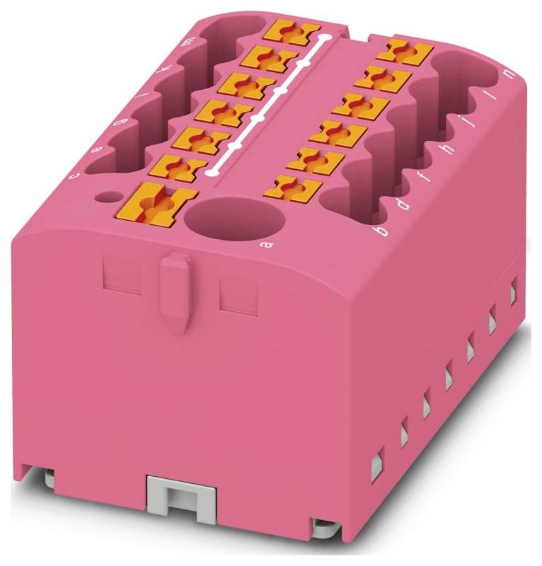 Ein rosa Klemmenblock für elektrische Verbindungen mit mehreren orangefarbenen Anschlüssen, entworfen zur Ordnung und sicheren Verbindung von elektrischen Drähten.