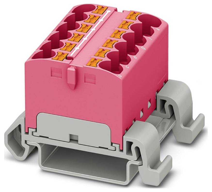 Ein weiß-graues Elektroklemmenblock mit mehreren orangefarbigen Hebelsteckern, entwickelt für sichere Drahtverbindungen in Stromkreisen.