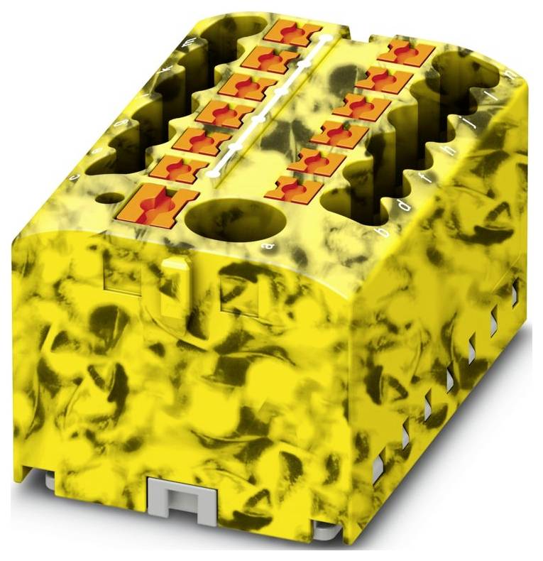 Ein gelber, rechteckiger elektronischer Steckverbinder mit mehreren Schlitzen und orangefarbenen Klammern zum Sichern von Drähten.