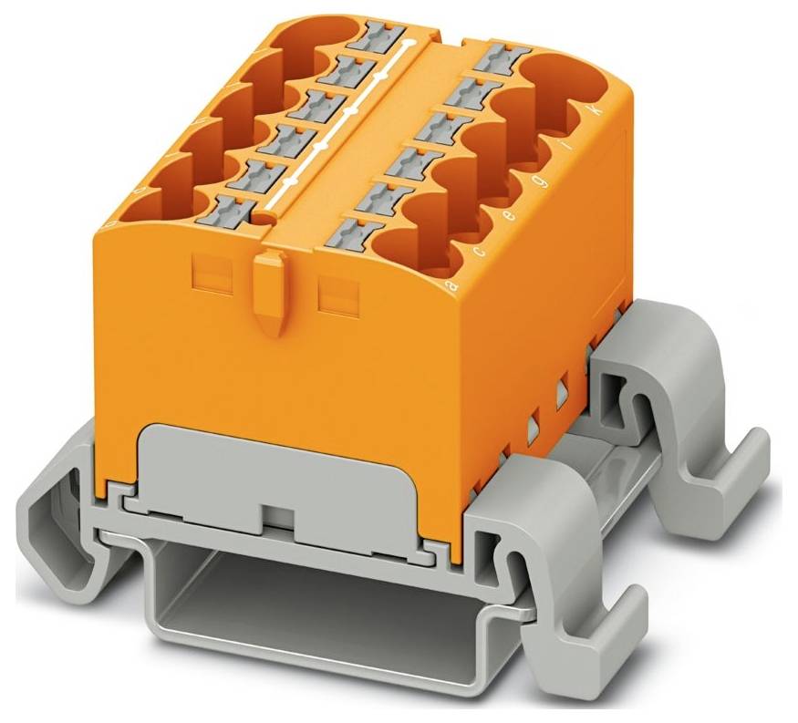 Ein orangefarbener, blockförmiger elektronischer Stecker mit mehreren Metallkontakten auf der Oberseite und nummerierten Abschnitten zur Verdrahtung.
