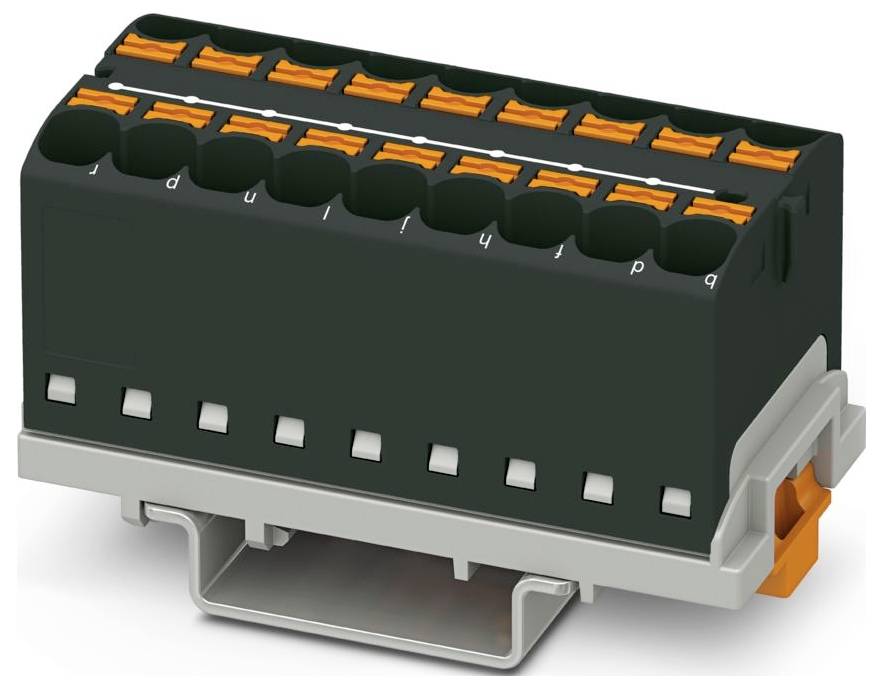 Ein schwarzes rechteckiges Klemmleistengehäuse mit mehreren Reihen von orangen Hebelbeschlag-Anschlüssen, das für elektrische Verkabelungssysteme verwendet wird.