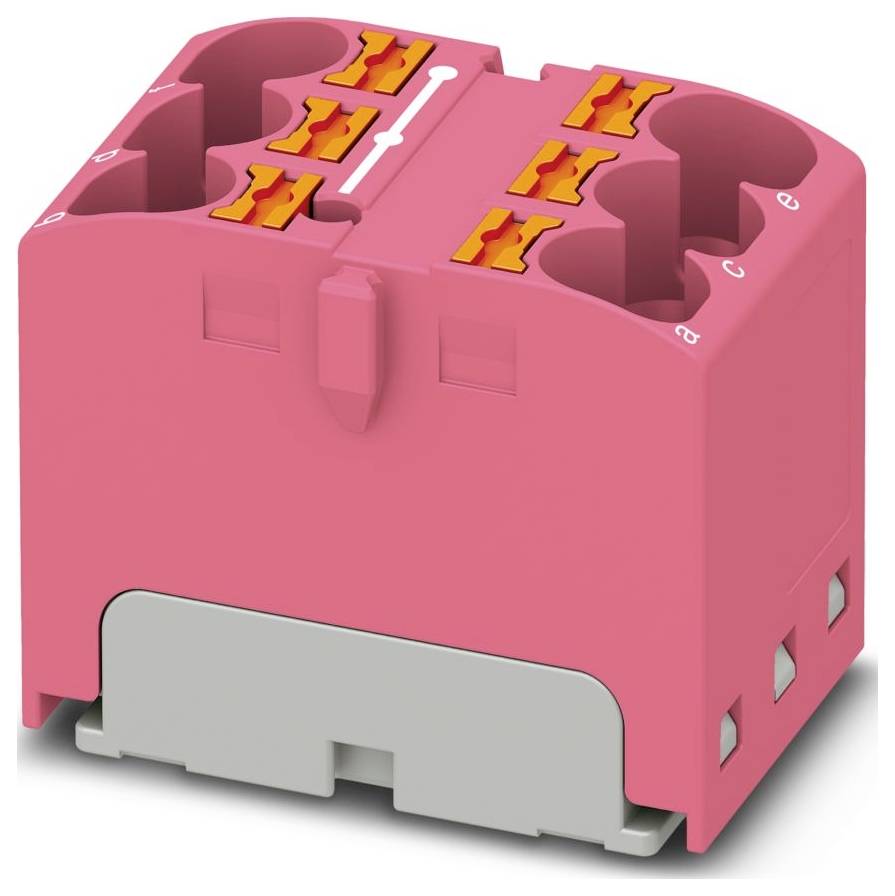 Ein rotes Elektro-Klemmleistensystem mit sechs Anschlüssen und orangefarbenen Hebelbefestigungen, das zum Sichern und Organisieren von elektrischen Drähten verwendet wird.