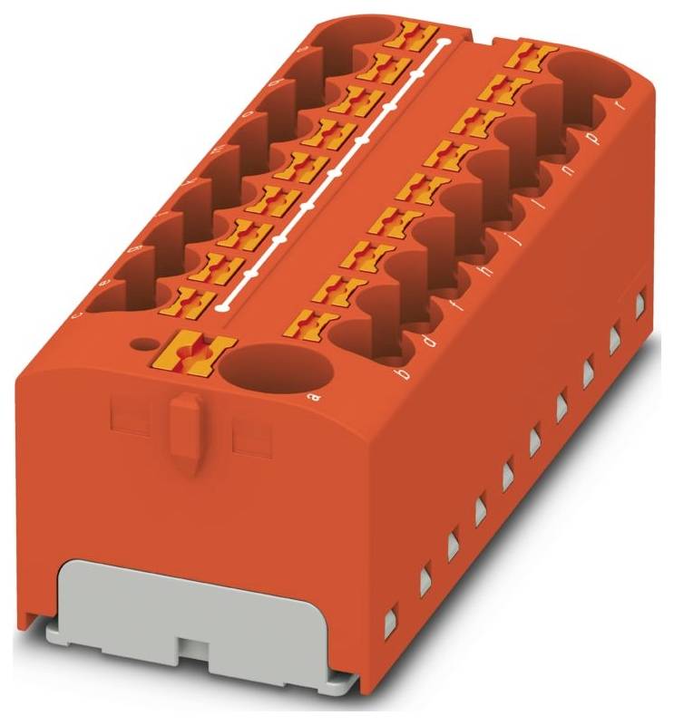 Ein rotes Elektrosteckerblock mit mehreren orangefarbenen Schlitzen für Verdrahtungsverbindungen.