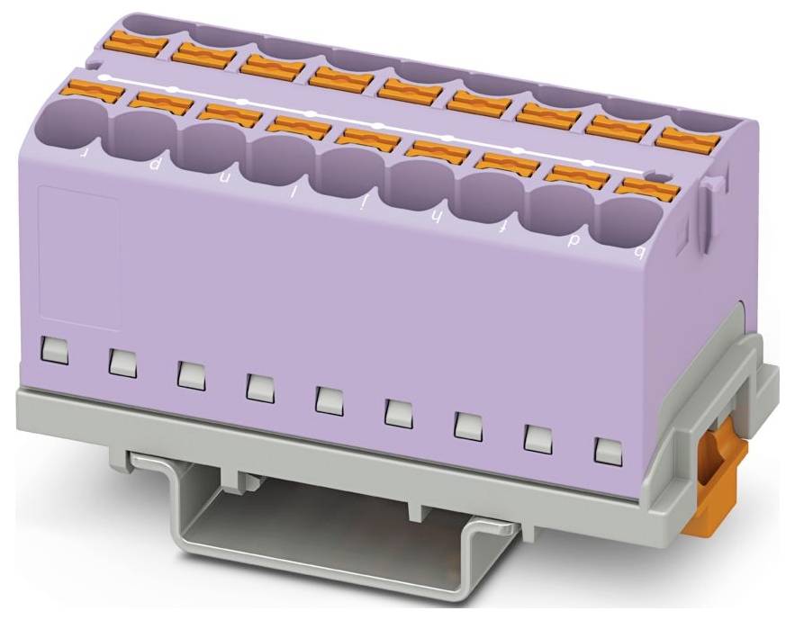 Violetter Elektrosteckverbinder mit orangefarbenen Klemmen und mehreren Anschlüssen, montiert auf grauem Sockel.
