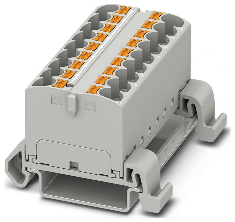 Ein grüner Steckverbinder mit orangefarbenen Hebeln, der für elektrische Verbindungen verwendet wird und mehrere Anschlüsse zum Verdrahten aufweist.