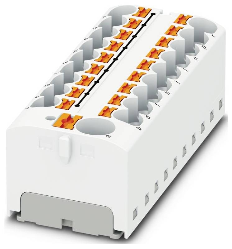 Ein weißer Elektrikleistenklemmenblock mit zwanzig orangefarbenen Hebelbetätigungssteckverbindern, die in zwei Reihen angeordnet sind, entworfen für Verdrahtung und Schaltungsverbindungen.