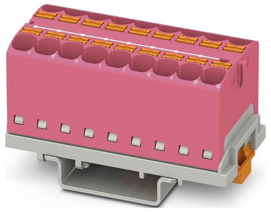 Ein rosa Kunststoff-Elektrostecker mit mehreren orangefarbenen Klammern, montiert auf einer grauen Basis.