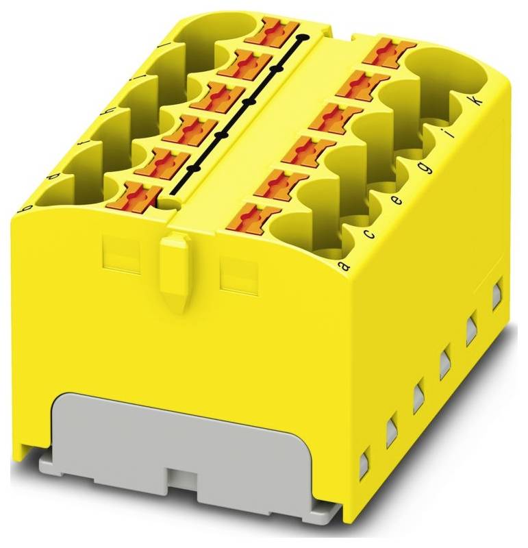 Ein gelbes Terminalblock mit mehreren Anschlüssen, das zur Organisierung von Stromkreisen verwendet wird.