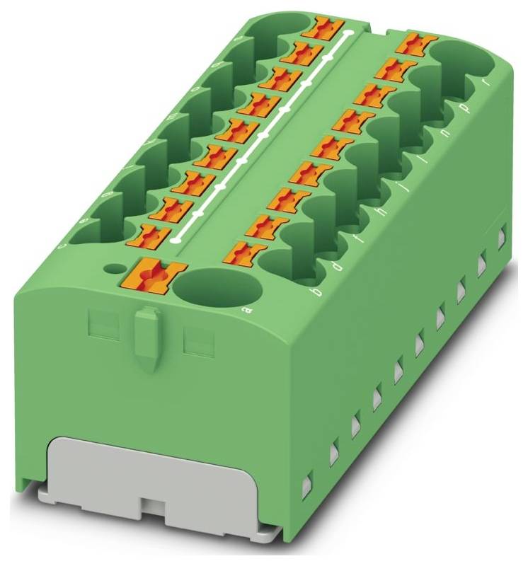 Ein grünes Industrialsteckklemmenbrett mit mehreren orangefarbenen Steckverbindern, das für elektrische Verdrahtungsverbindungen in Schalttafeln oder Verteilerkästen verwendet wird.