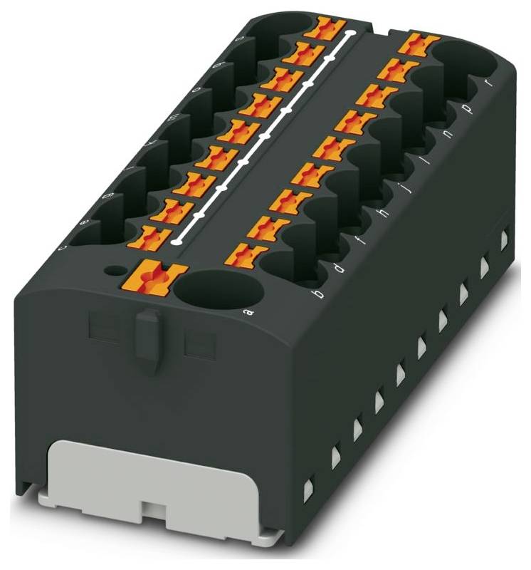 Ein schwarzes elektronisches Bauteil mit mehreren orangefarbenen Anschlüssen, die in Reihen angeordnet sind, wird für elektrische Schaltungsverbindungen verwendet.