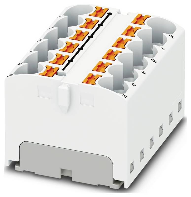 Ein grünes Elektroklemmenbrett mit orangefarbenen Anschlüssen, die in zwei Reihen angeordnet sind und für sichere Drahtverbindungen in Elektrosystemen ausgelegt sind.