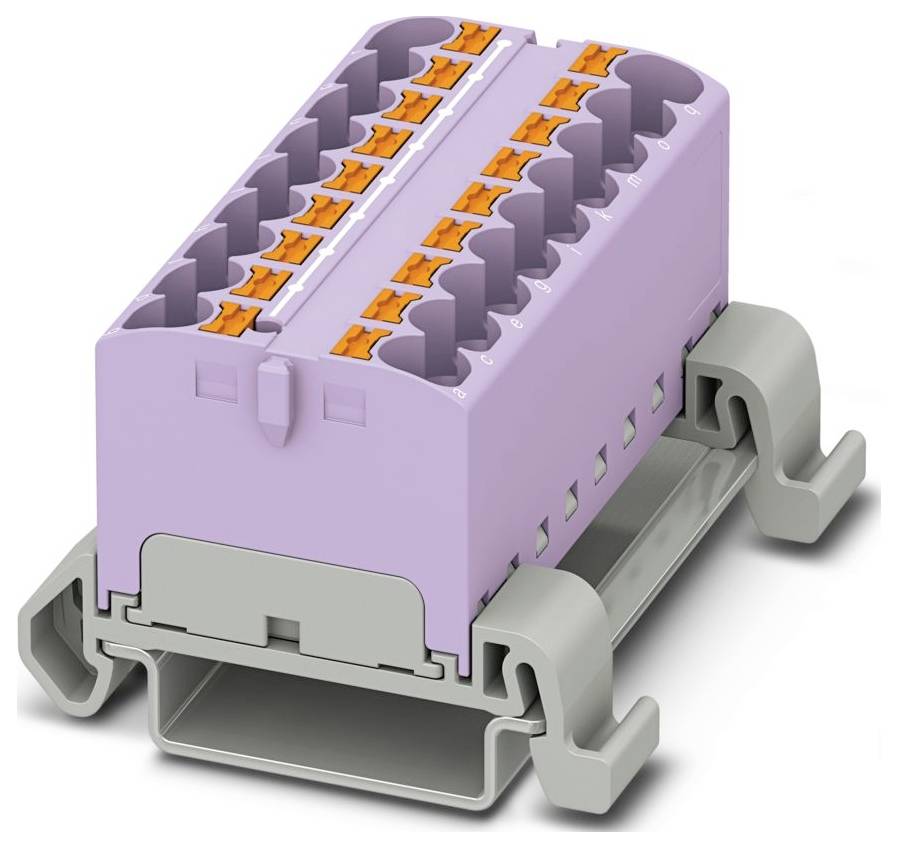 Ein violetter modularer Anschlussblock mit orangefarbenen Hebeln und grauer Basis, ausgelegt zur Montage.