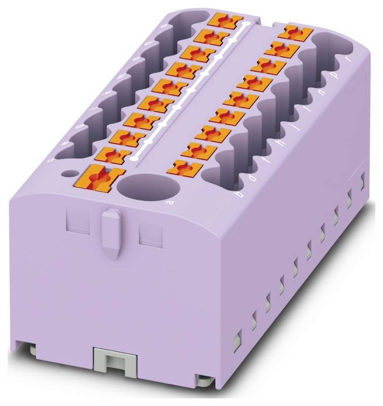 Ein lavendelfarbendes rechteckiges Klemmenblock mit mehreren orangefarbenen Hebelsteckverbindern, das zur Verdrahtung in Elektroverteilern verwendet wird.