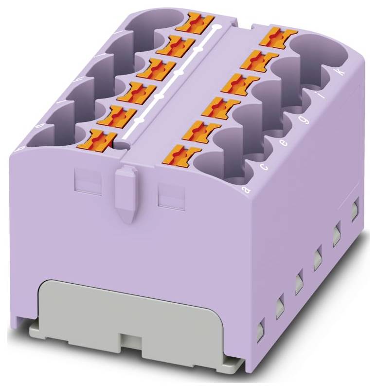 Ein lila, rechteckiger elektronischer Stecker mit mehreren orangefarbenen Spannhebeln, der zur sicheren Drahtverbindung in Schaltkreisen verwendet wird.
