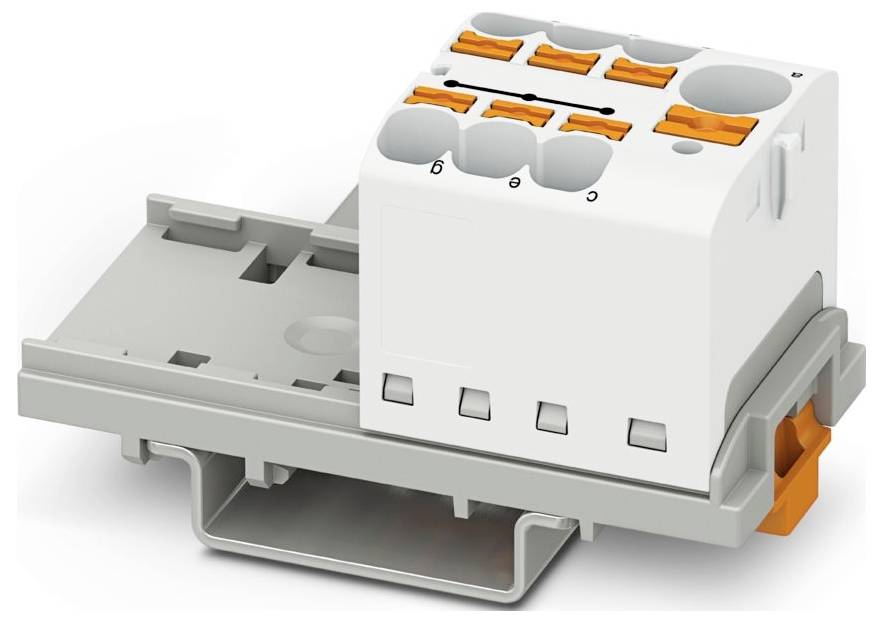Kunststoff-Elektronikstecker mit grauem Sockel und weißem Gehäuse, mit fünf kreisförmigen Anschlüssen oben und orangefarbenen Hebeln zum Sichern von Drähten.