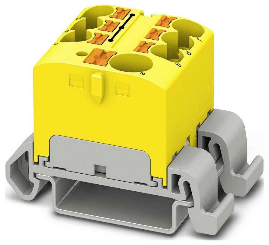 Ein rosa Elektroklemmenblock mit mehreren orangefarbenen Anschlüssen und einer grauen Befestigungsbasis.