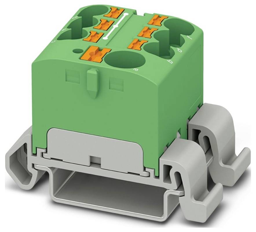 Ein weißes elektrisches Anschlussblöckchen mit orangefarbenen Hebeln, das für Drahtverbindungen konzipiert ist und mehrere Schlitze für sichere Befestigung aufweist.