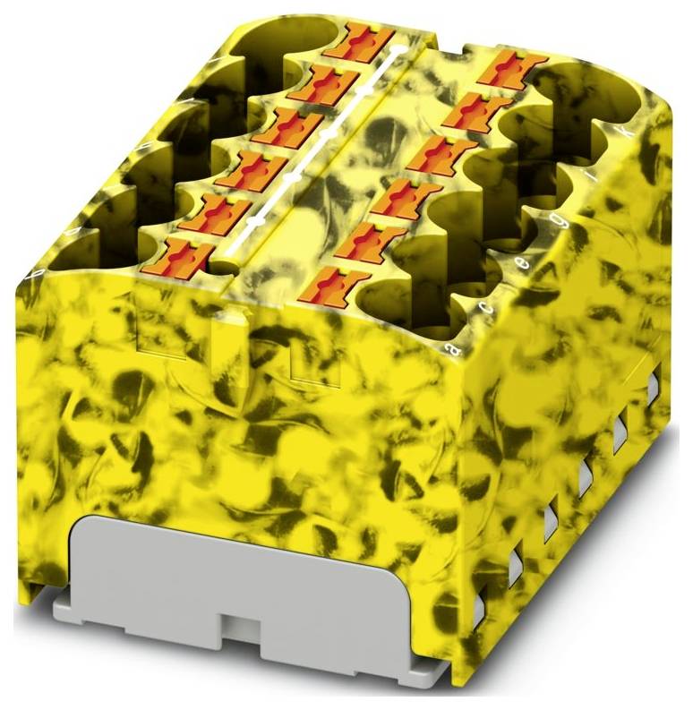 Ein gelber Elektroklemmenblock mit mehreren Anschlüssen und orangen Hebelbetätigungen.