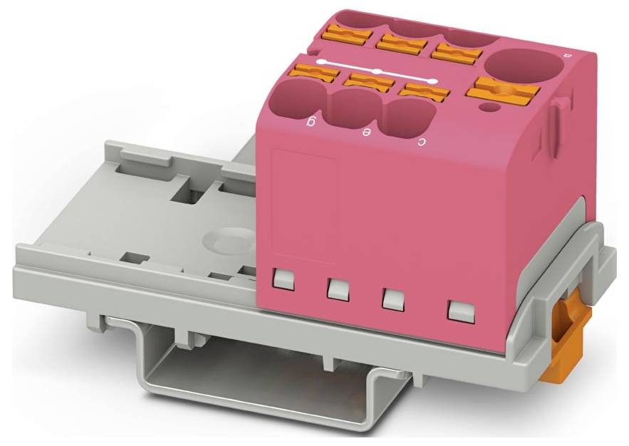 Ein schwarzer und orangefarbener Elektrostecker mit mehreren Anschlussplätzen auf einer grauen Basis montiert. Wird für Verdrahtungsverbindungen in elektrischen Installationen verwendet.