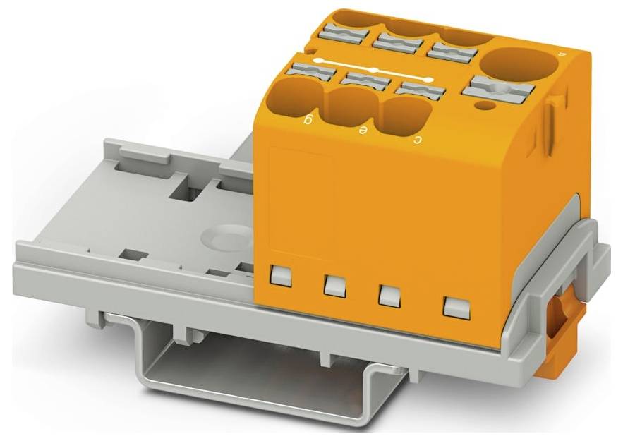 Ein rotes Stromverteilerklemmen-Block mit mehreren Anschlussöffnungen, montiert auf einer grauen DIN-Schiene, zur Organisierung von elektrischen Leitungen verwendet.