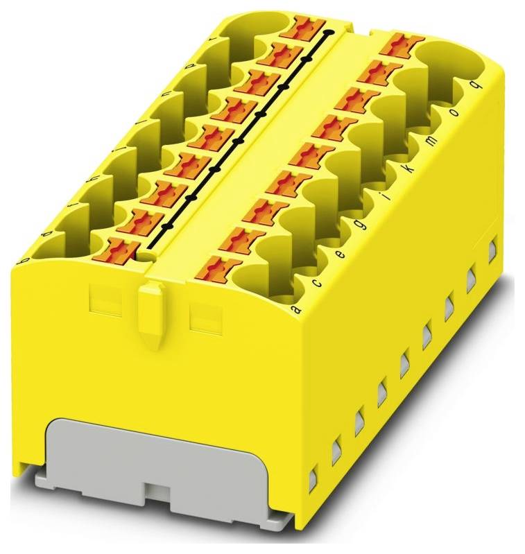 Ein grüner Elektrostecker-Block mit mehreren orangefarbigen Anschlusspunkten, der zum Verbinden von Drähten in elektronischen Baugruppen verwendet wird.