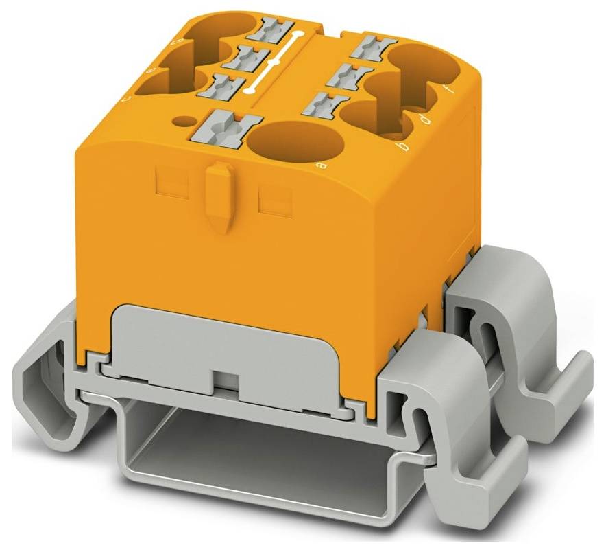Ein orange-graues modulares Klemmenblock mit mehreren Anschllusspunkten, das auf einer Hutschiene in elektrischen Anwendungen montiert wird.