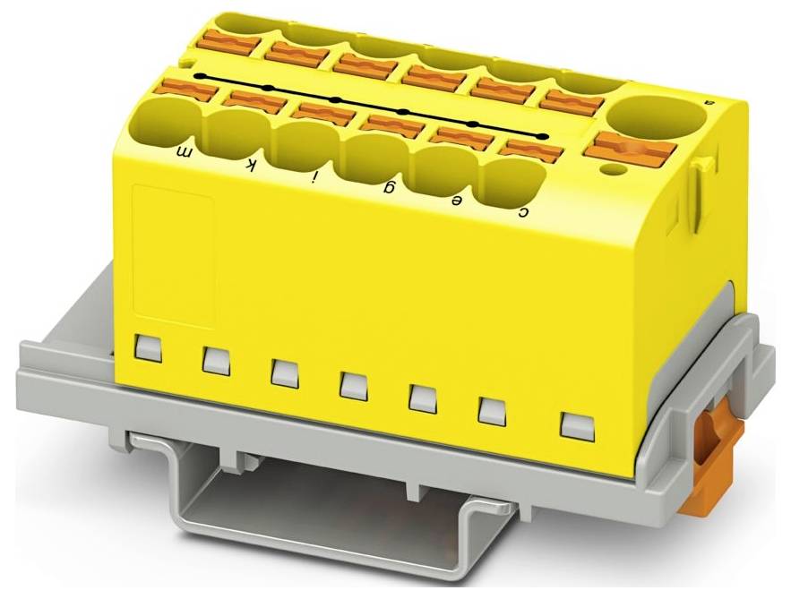 Ein gelber Klemmblock mit acht nummerierten Öffnungen für elektrische Verbindungen, montiert auf einer grauen Basis mit einem orangefarbenen Hebel zum Sichern von Drähten.