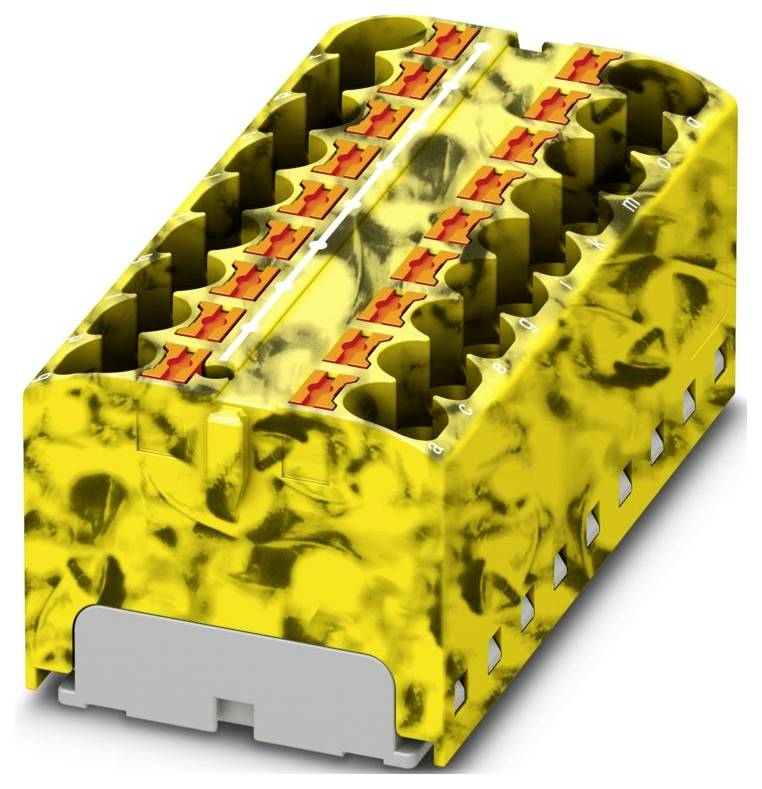 Ein gelb-schwarz gemusterter Industriesteckverbinder mit mehreren roten Hebeln oben, entwickelt für komplexe elektrische oder mechanische Systeme.