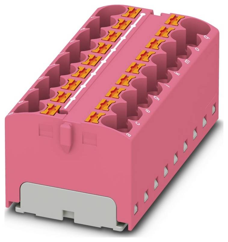 Rosa Elektrostecker-Block mit mehreren Schlitzen und orangen Hebeln zum Sichern von Drähten in elektrischen Installationen.