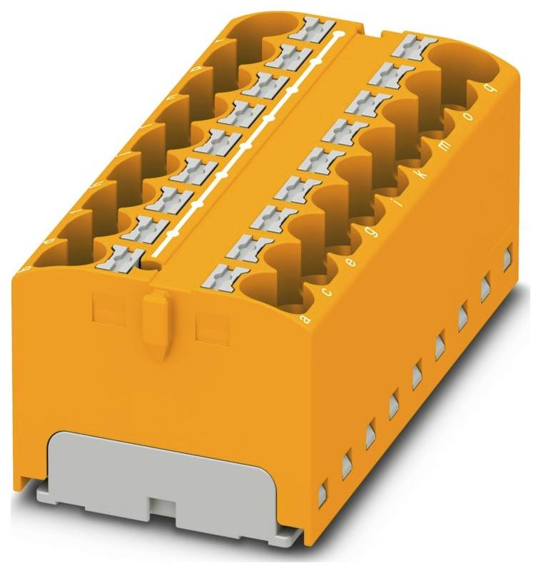 Ein orangefarbener elektrischer Anschlussblock mit mehreren Anschlussklemmen zum Verdrahten, mit nummerierten Positionen zur Organisation, verwendet in elektrischen Installationen.