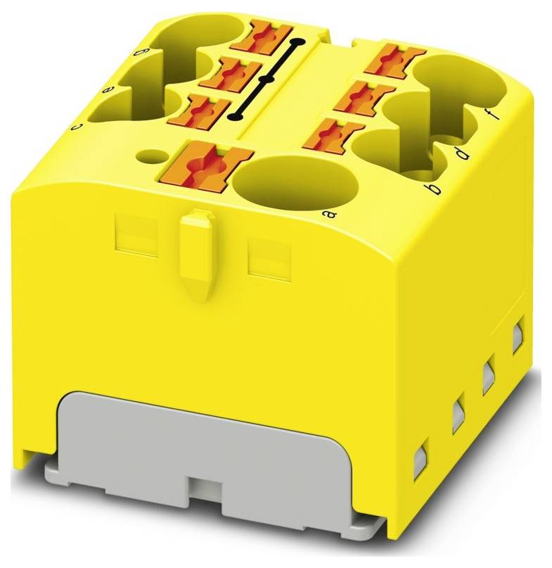 Ein gelber Elektrosteckverbinder mit beschrifteten Anschlüssen (a, b, c, d) und roten Hebelmechanismen zum Befestigen von Drähten.