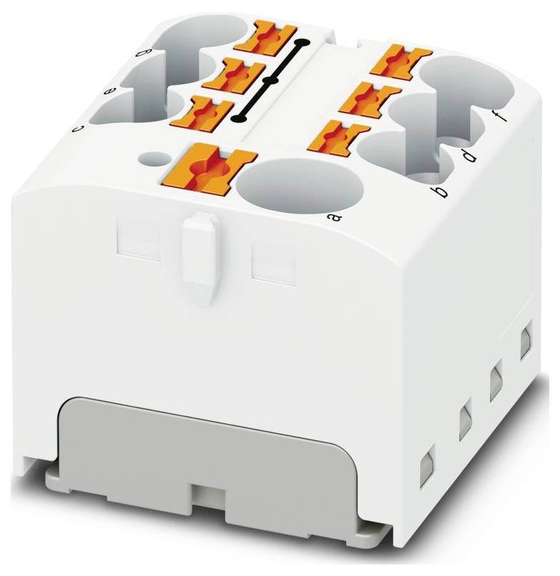 Ein gelbes und graues Elektroklemmenblock mit vier Paaren von Drahteingängen und orangefarbenen Hebeln. Entwickelt für einfache, werkzeugloses Drahtverbindungen.