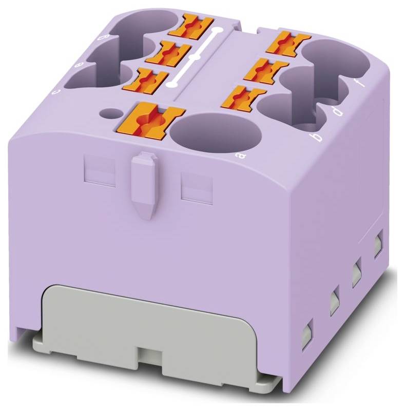 Ein kompaktes, violettes Elektroklemmenblock mit mehreren Anschlüssen und orangen Hebelsicherungen, entwickelt für einfaches Einführen von Drähten und sichere Verbindung.