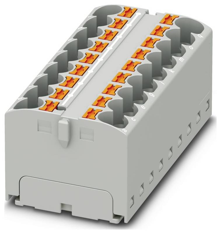 Grau-orangefarbiger modularer Elektrosteckverbinder mit mehreren Anschlüssen für Verdrahtungsverbindungen.