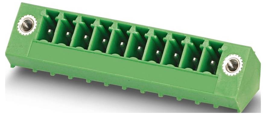 A green terminal block connector with multiple screw terminals for electrical connections.