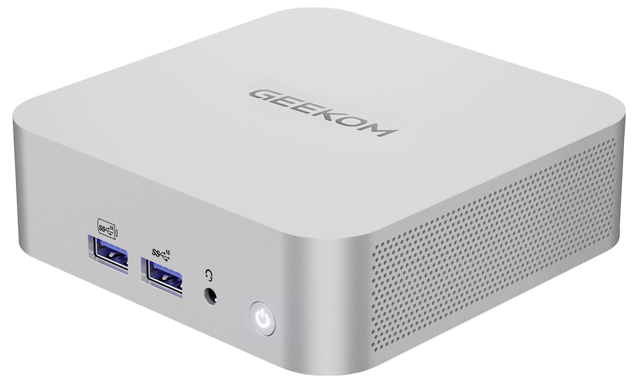 Ein kleiner, kompakter silberner Computer mit der Aufschrift „GEEKOM