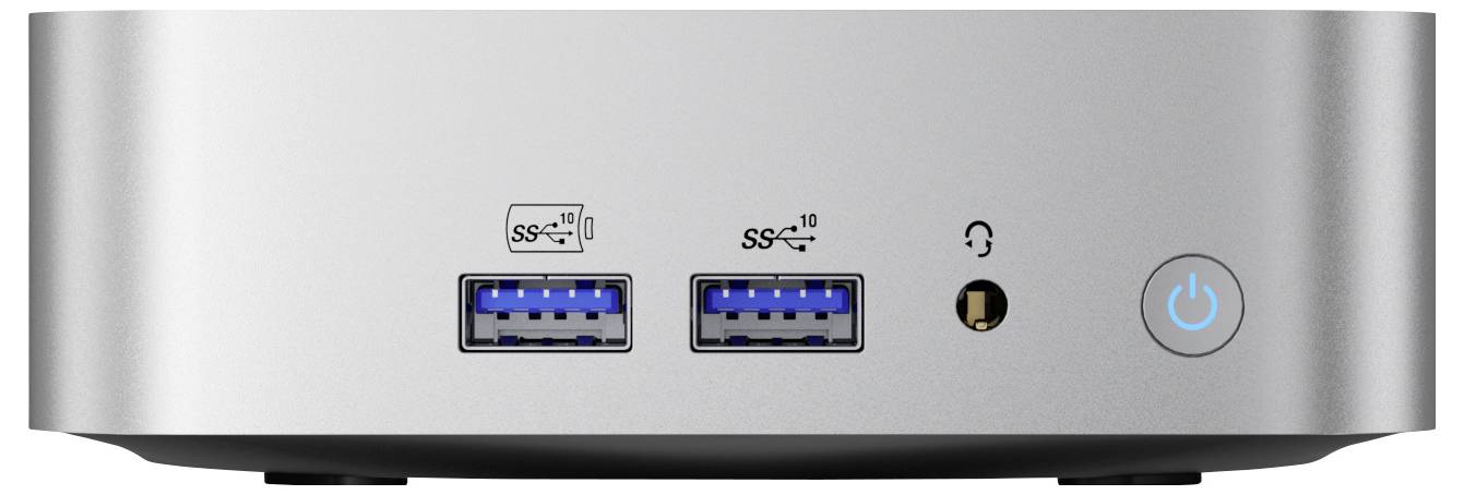 Ein silberner Desktop-Computer-Frontpanel mit zwei USB-Anschlüssen, einer Kopfhörer-Buchse und einem Netzschalter.