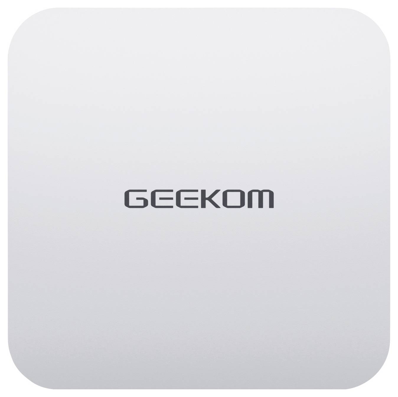Ein weißes quadratisches Gerät mit abgerundeten Ecken, auf dessen Oberfläche das Wort „GEEKOM