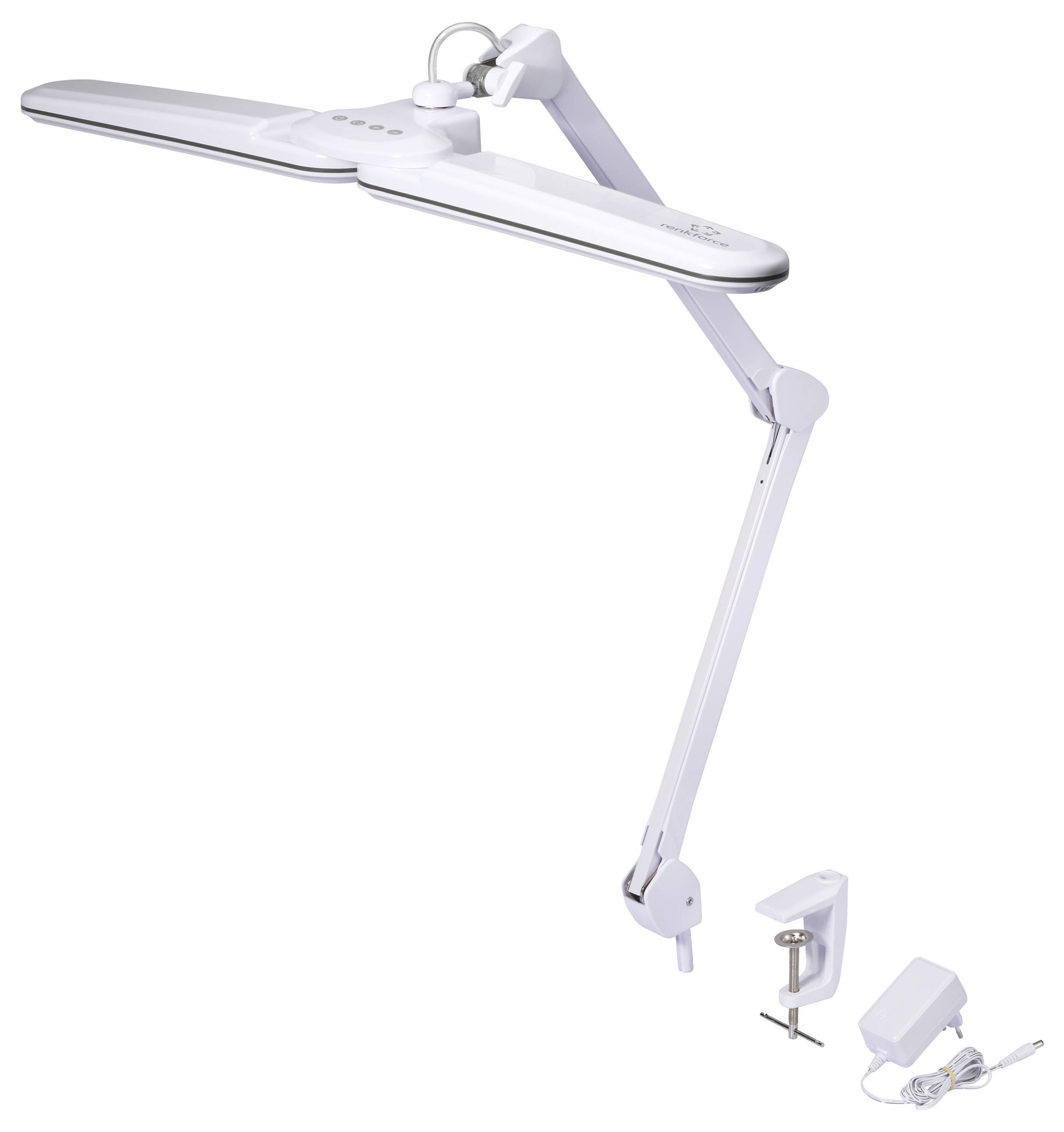 Verstellbare LED-Schreibtischlampe mit verlängertem Arm, Klammer zur Tischbefestigung und angeschlossenem Stromkabel, geeignet für Arbeitsleuchten.