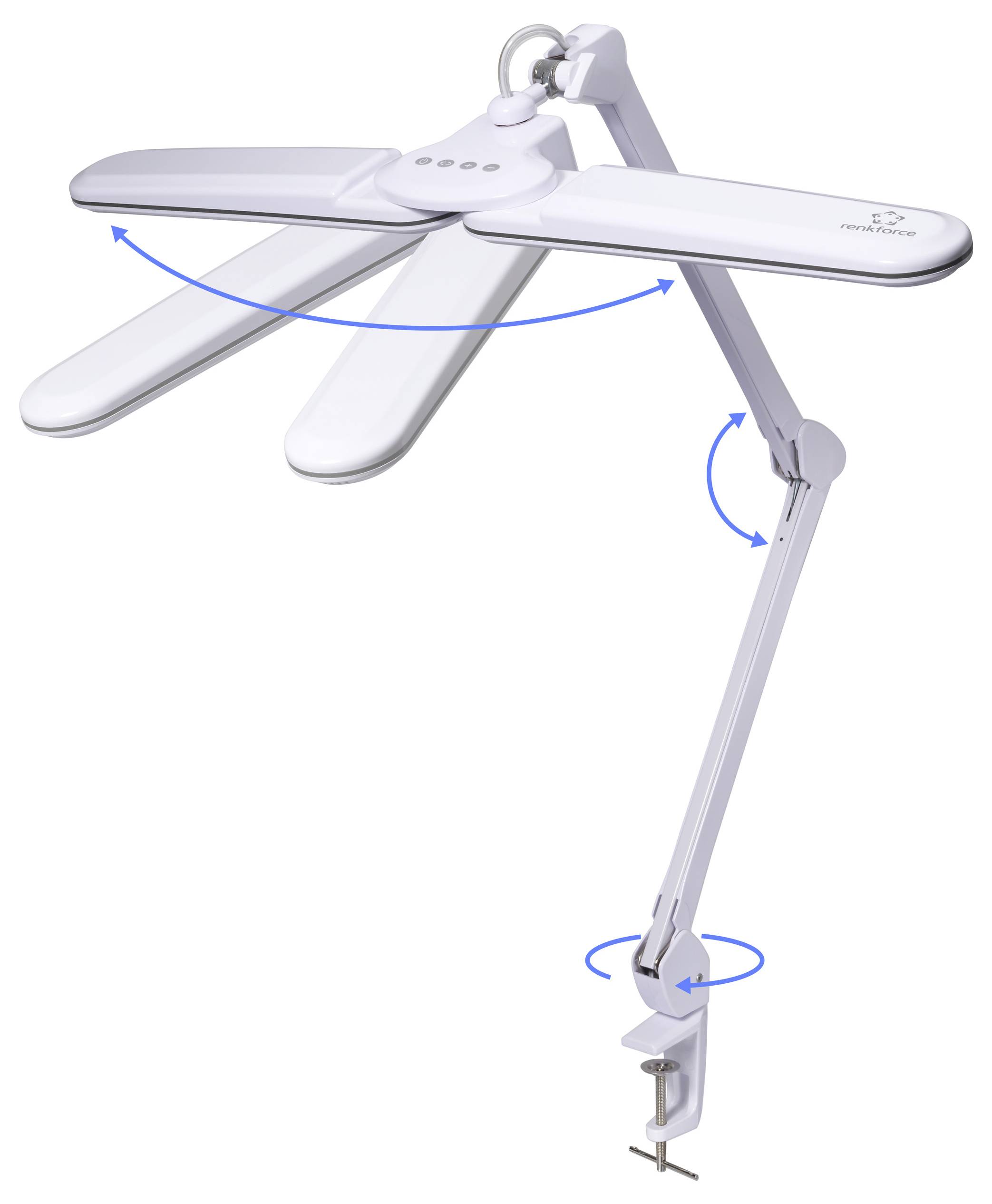 Weiße klappbare Schreibtischleuchte mit artikuliertem Arm, der verschiedene Drehpunkte zeigt und das verstellbare und vielseitige Design hervorhebt.