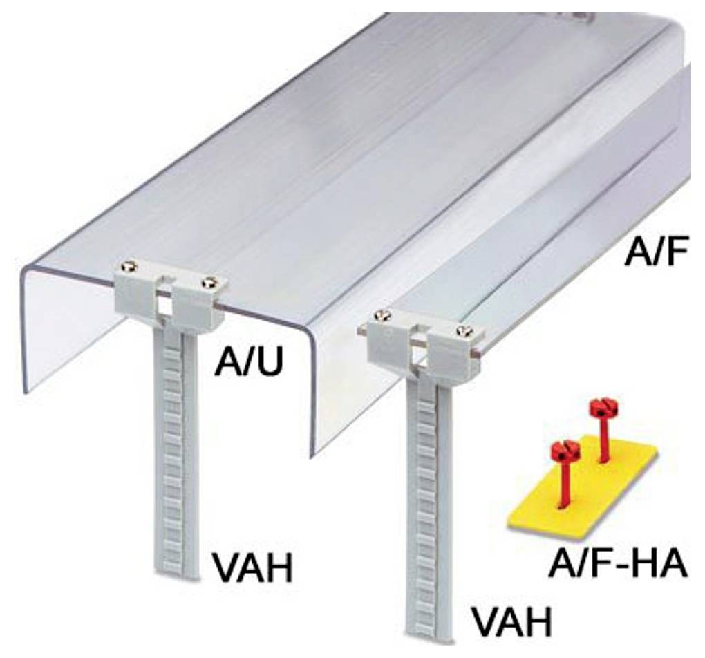 Bild zeigt zwei Metallschienen mit den Bezeichnungen A/U und A/F, jeweils mit befestigten VAH-Halterungen. Rechts eine gelbe Platte mit roten Stiften mit der Bezeichnung A/F-HA.
