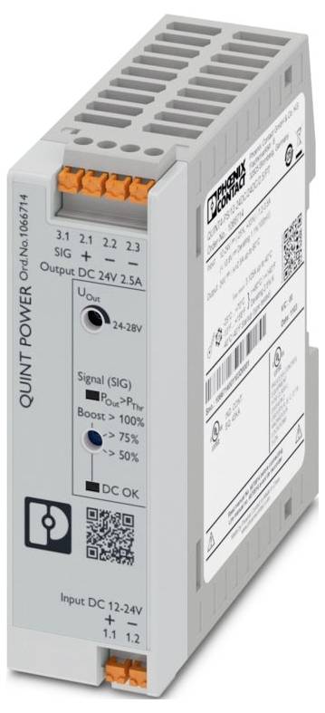 Ein kompaktes, graues QUINT POWER Stromversorgungsmodul mit orangefarbenen Akzenten, ausgestattet mit verschiedenen Ein-/Ausgabespezifikationen und Signalindikatoren auf seinem Etikett.