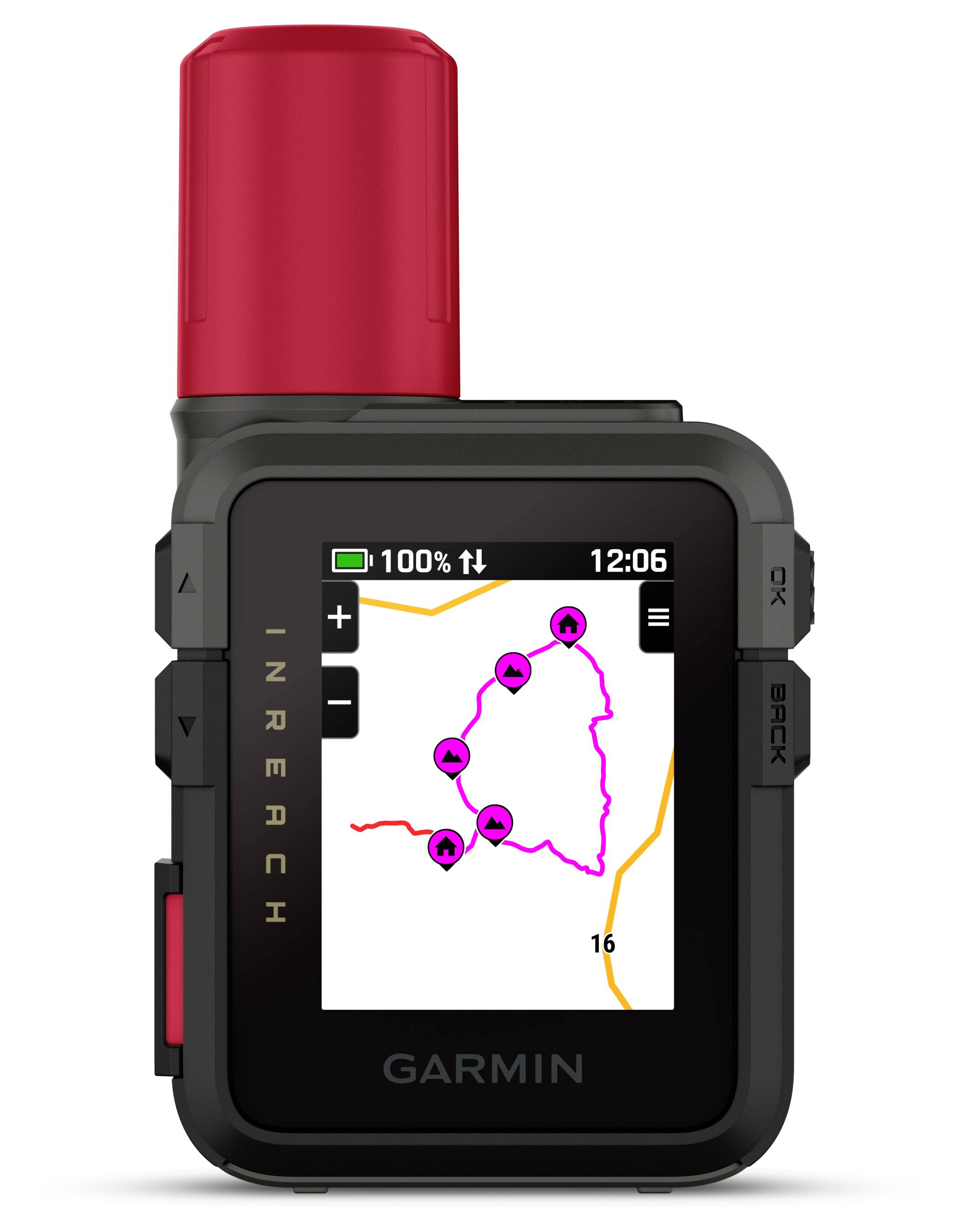 Tragbares GPS-Gerät mit einer topografischen Karte, auf der eine hervorgehobene Route angezeigt wird. Der Bildschirm zeigt eine Batterieladung von 100% und eine Uhrzeit von 12:06.