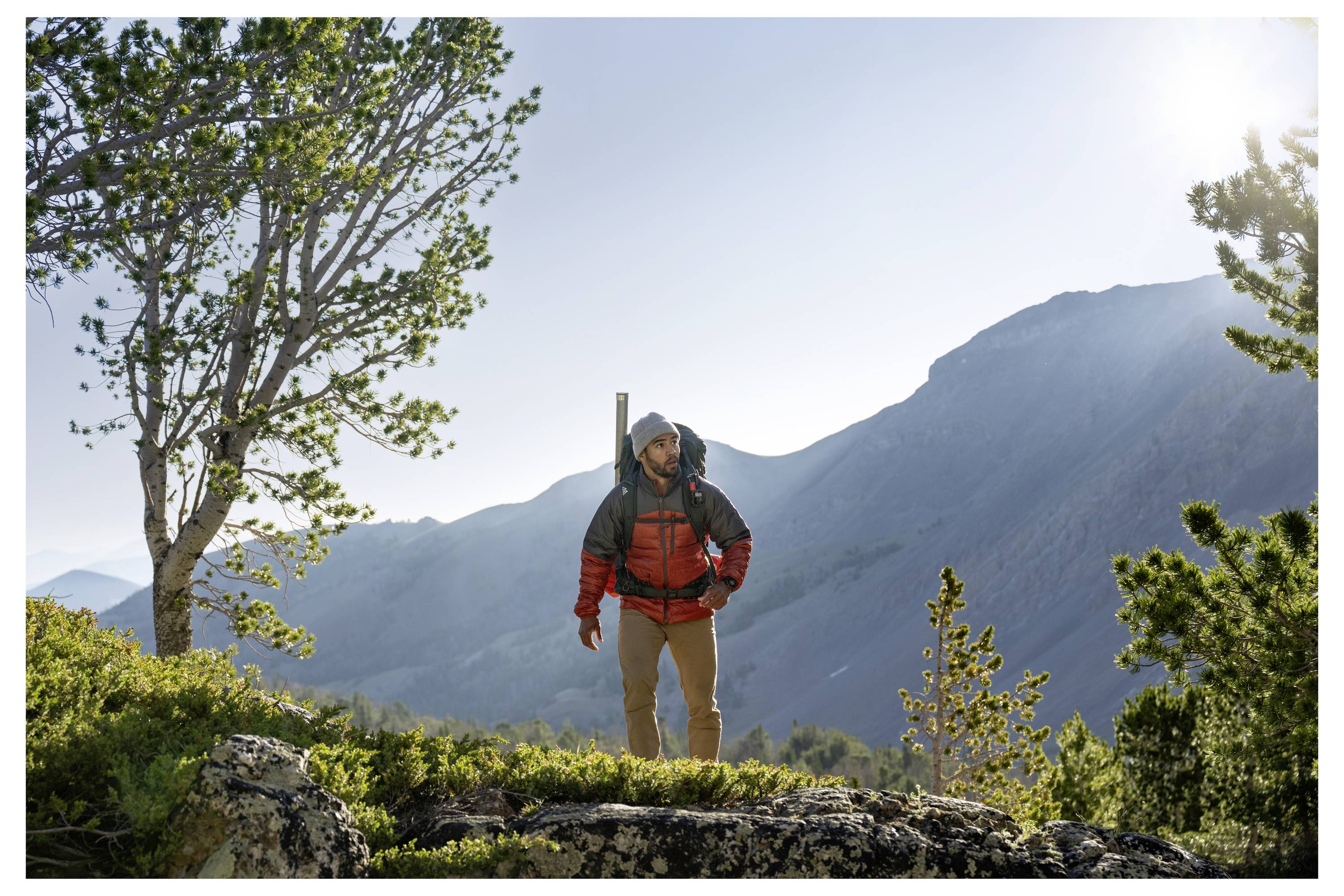 Ein Wanderer in einer roten Jacke steht auf felsigem Gelände, umgeben von Bäumen, mit Bergen und einem hellen Himmel im Hintergrund.