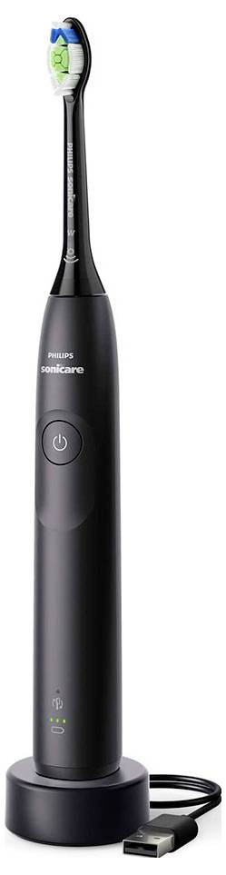 Eine schwarze elektrische Zahnbürste mit einer Ladestation und angeschlossenem USB-Kabel, mit einem grün und blau gefärbten Bürstenkopf.